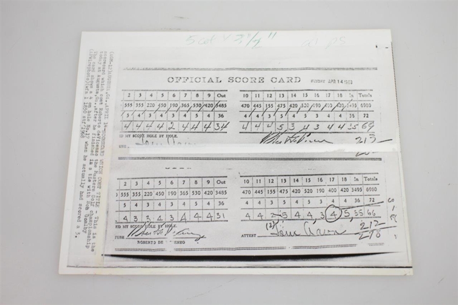 Wire Photo of Roberto De Vicenzo's 1968 Masters Scorecard Gaffe