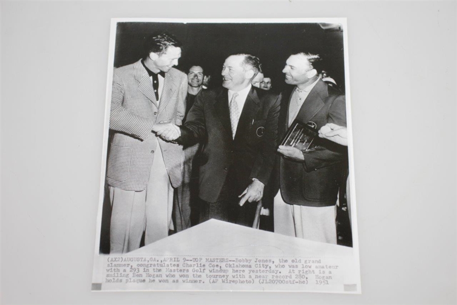 1951 Masters Wire Photo of Bobby Jones with Charlie Coe & Ben Hogan