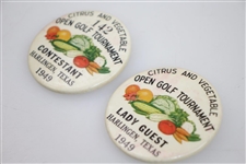 Two 1949 Citrus & Vegetable Open Golf Tournament Contestant Badge & Lady Guest - Rod Munday Collection