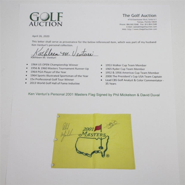 Ken Venturi's Personal 2001 Masters Embroidered Flag Signed by Mickelson & Duval JSA ALOA