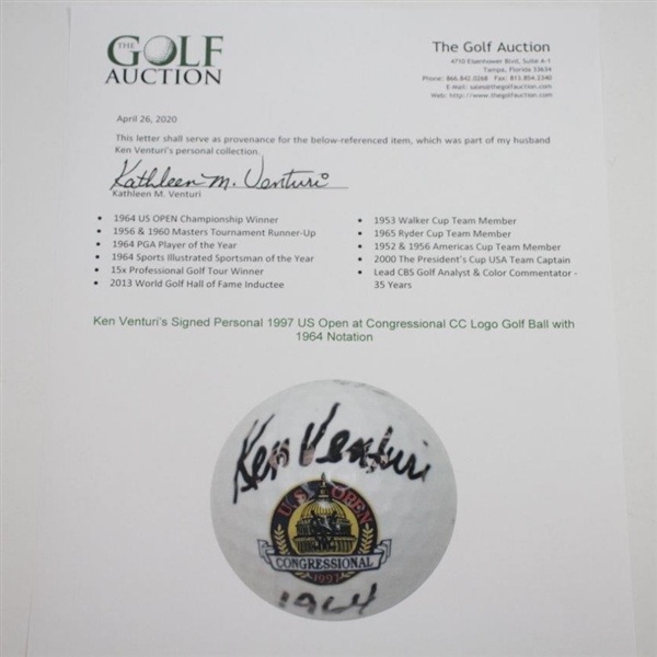 Ken Venturi's Personal Signed 1997 US Open at Congressional Logo Golf Ball with '1964' JSA ALOA