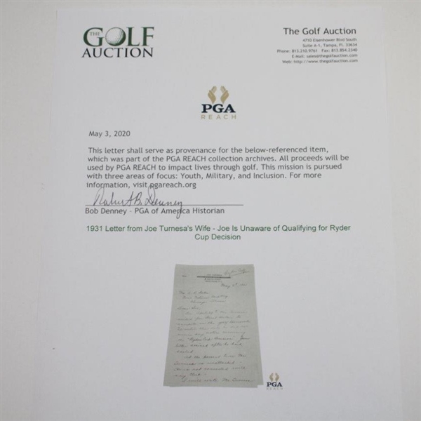 1931 Letter from Joe Turnesa's Wife - Joe Is Unaware of Qualifying for Ryder Cup Decison