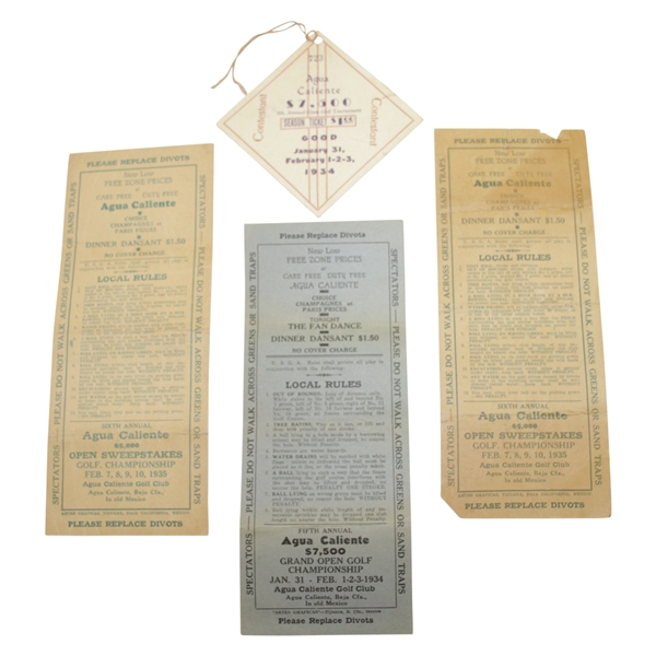 1934 Agua Caliente Contestant Ticket Plus Three Scorecards - 1934 & 1935(x2) - Rod Munday Collection