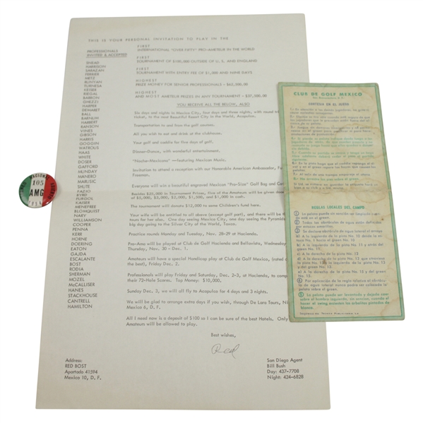 1954 Mexico Open Contestant Badge, Invitation, & Scorecard - Rod Munday Collection