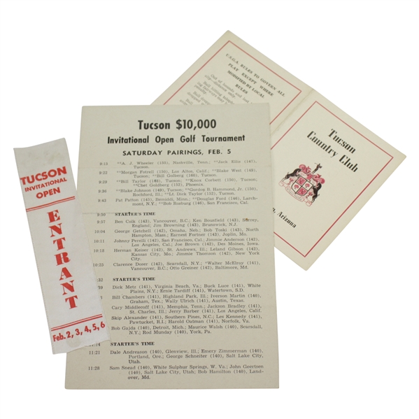 1949 Tucson Invitational Open Entrant Ribbon, Saturday Pairing Sheet, & Scorecard - Rod Munday Collection