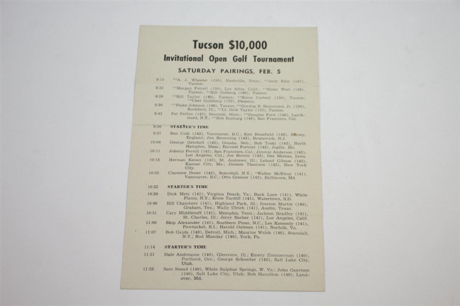 1949 Tucson Invitational Open Entrant Ribbon, Saturday Pairing Sheet, & Scorecard - Rod Munday Collection