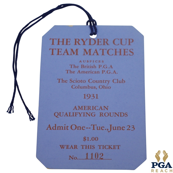 1931 Ryder Cup at The Scioto Country Club Tuesday Ticket #1102 - Excellent Condition