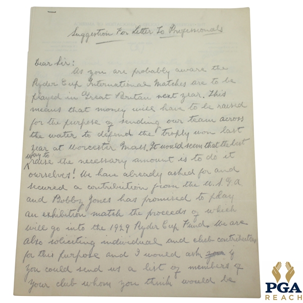 1929 Ryder Cup Hand-Written Correspondence Letter to Professionals - Class A Only