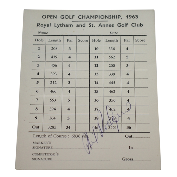 Silver Medalist Phil Rodgers Signed 1963 OPEN Champ at Royal Lytham & St Annes Official Scorecard JSA ALOA
