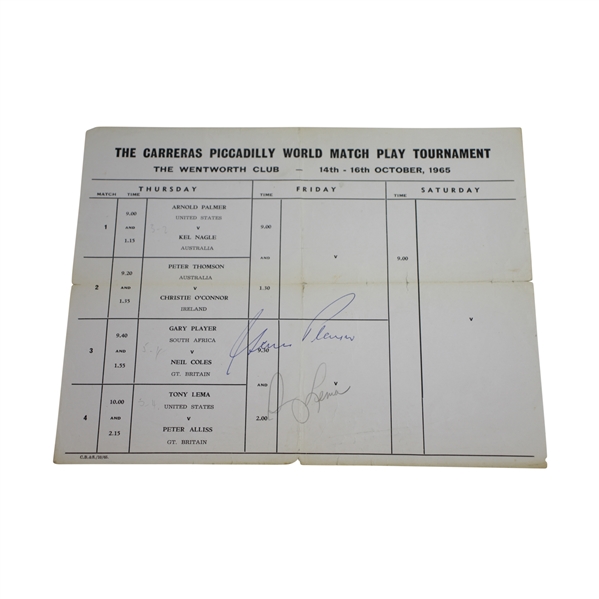 Tony Lema & Gary Player Signed 1965 Piccadilly World Match Play Sheet FULL JSA #Z97563