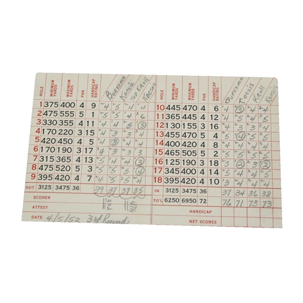 1952 Original Augusta National Used Scorecard - Slightly Trimmed - Burkemo, Kroll & Kocsis