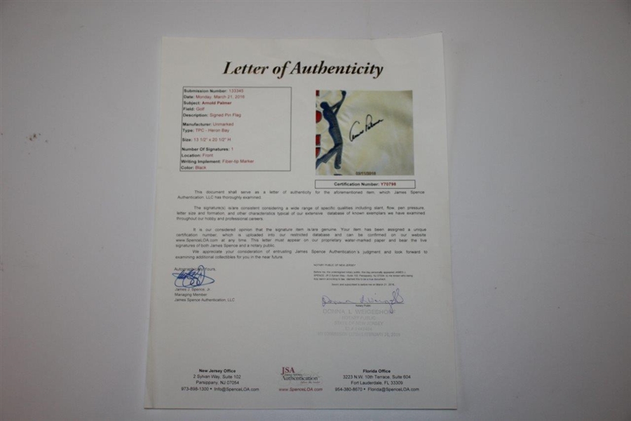 Arnold Palmer Signed TPC Heron Bay Embroidered Course Flown Flag FULL JSA #Y70798