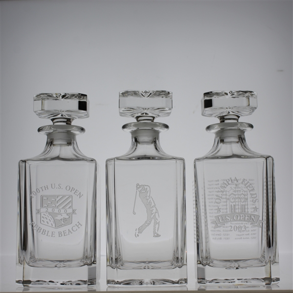 2000 US Open at Pebble, 2003 US Open at Olympia, & Golfer Themed Glass Decanters with Stopper