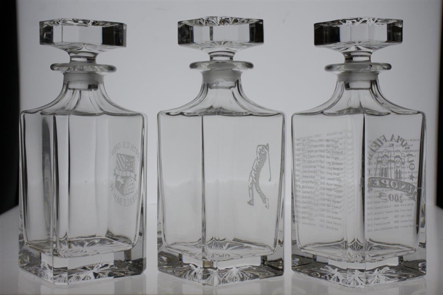 2000 US Open at Pebble, 2003 US Open at Olympia, & Golfer Themed Glass Decanters with Stopper