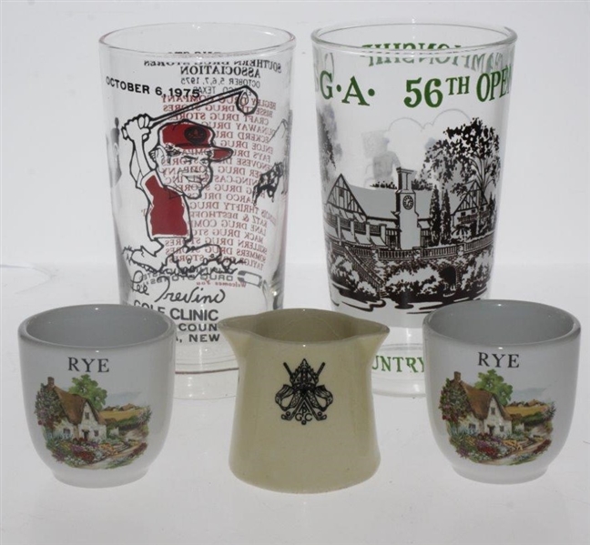 Miniature Royal Doulton Pitcher with Two Porcelain Rye Glasses & Two Golf Themed Drinking Glasses