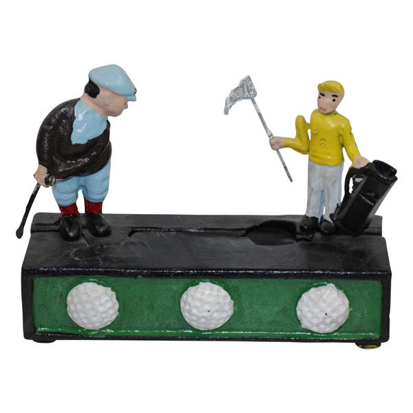 Cast Iron Mechanical Golfer Hole In One Coin Bank 1980s-90's 'Birdie Putt' Reproduction