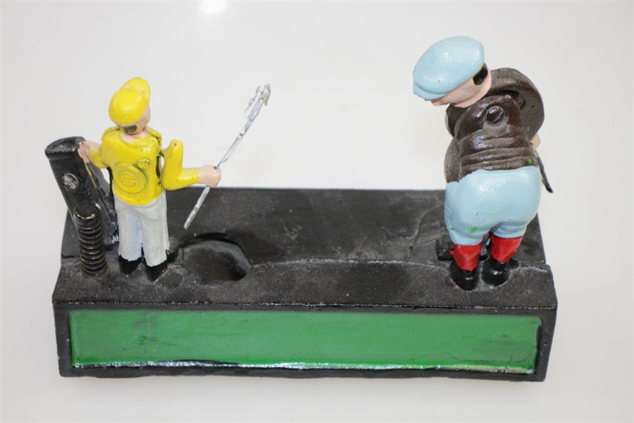 Cast Iron Mechanical Golfer Hole In One Coin Bank 1980s-90's 'Birdie Putt' Reproduction