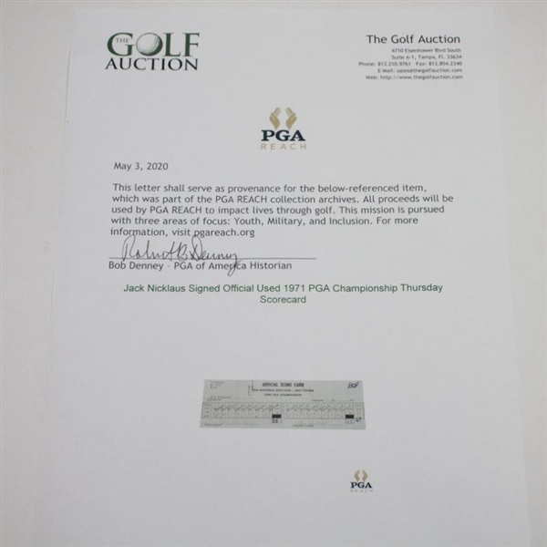 Jack Nicklaus Signed Official Used 1971 PGA Championship Thursday Scorecard - 9th of 18 Majors