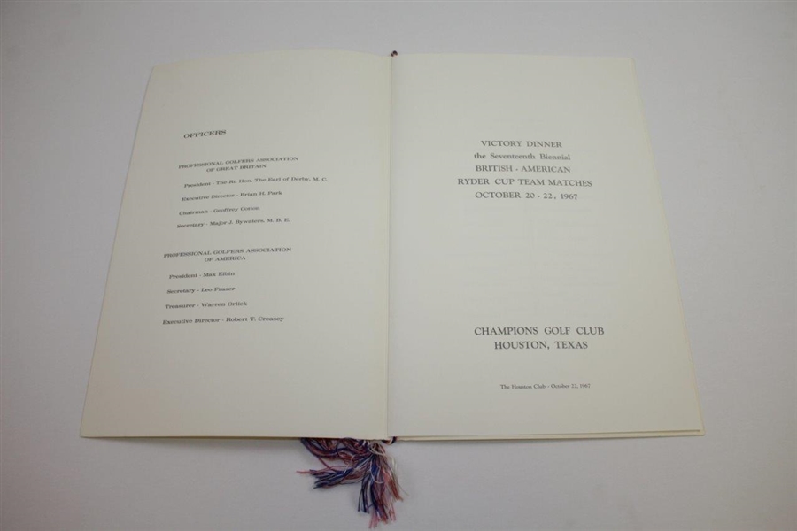 1967 Ryder Cup Matches at Champions Golf Club Victory Dinner Menu