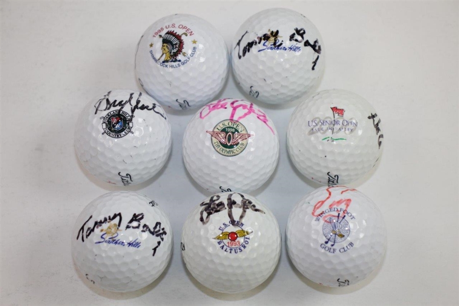 US Open Champions Signed Golf Balls - Bolt(x2), Janzen(x2), Zoeller, Pavin, Irwin, & North JSA ALOA