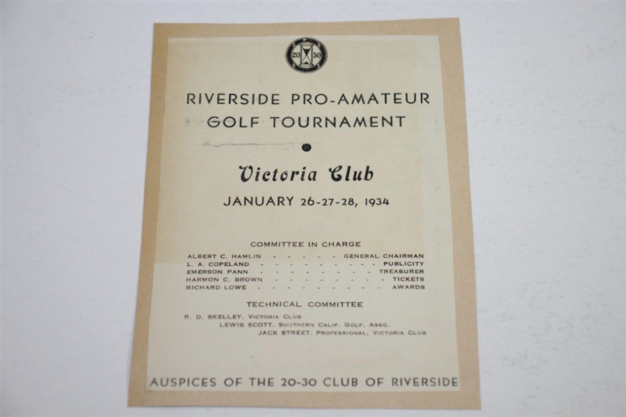 1934 Riverside $2k Pro-Amateur Tournament at Victoria Club Ticket with Info Guide Sheet