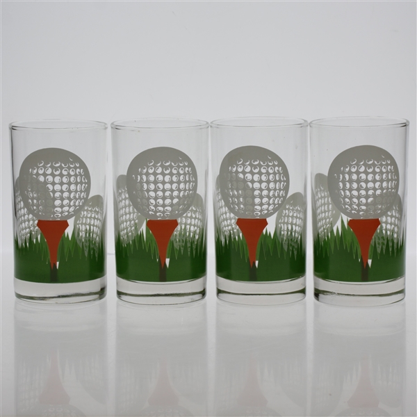 Classic Set of Four Golf Themed Rocks Glasses - Golf Balls Teed Up on Orange Tee in Grass