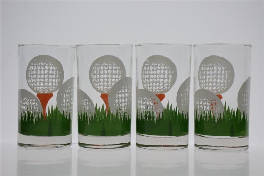 Classic Set of Four Golf Themed Rocks Glasses - Golf Balls Teed Up on Orange Tee in Grass