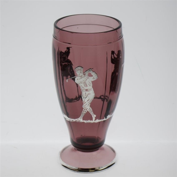 Amethyst Glass Sterling Silver Overlay Three Golfers Themed Vase