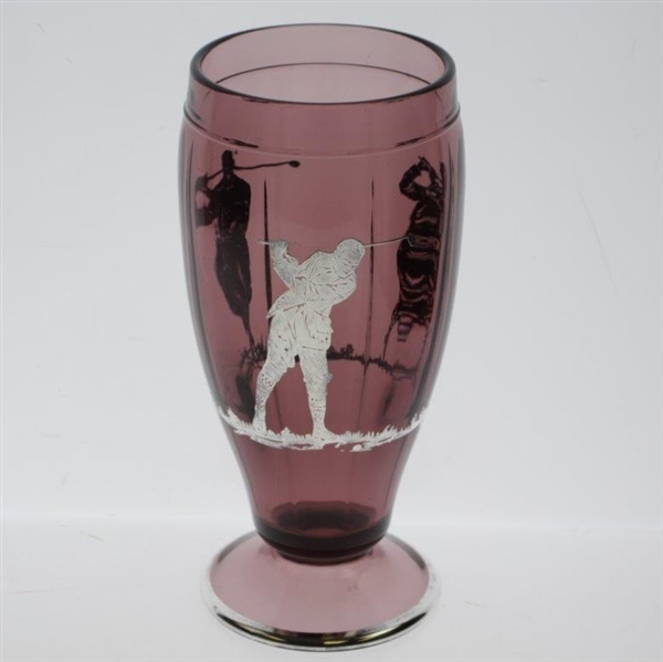 Amethyst Glass Sterling Silver Overlay Three Golfers Themed Vase
