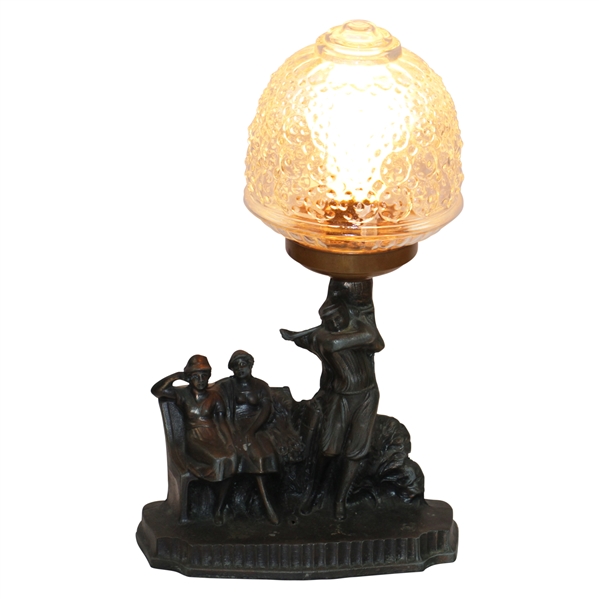 Classic Golf Themed Lamp with Post-Swing Golfer & Two Spectators on Bench - Works