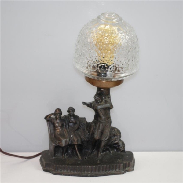 Classic Golf Themed Lamp with Post-Swing Golfer & Two Spectators on Bench - Works