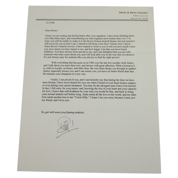 Ken Venturi's Personal Letter from David Feherty - Recovery Content JSA ALOA