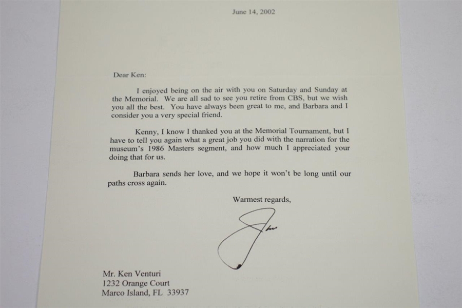 Ken Venturi's Personal Signed Letter from Jack Nicklaus - Retirement Content JSA ALOA