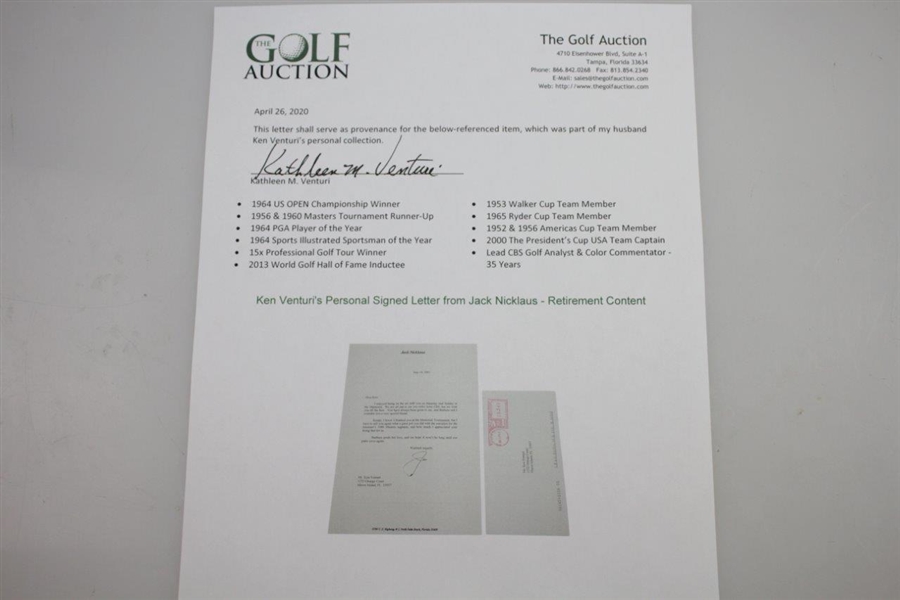 Ken Venturi's Personal Signed Letter from Jack Nicklaus - Retirement Content JSA ALOA