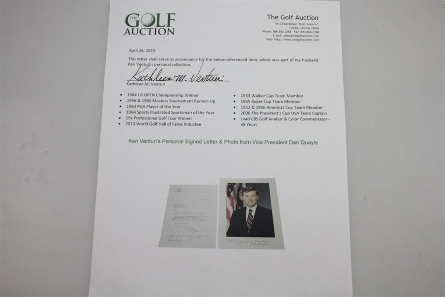 Ken Venturi's Personal Signed Letter & Photo from Vice President Dan Quayle JSA ALOA