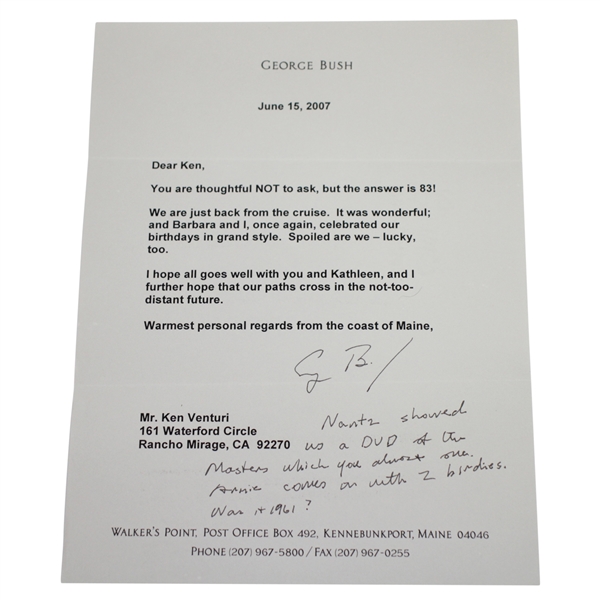 Ken Venturi's Personal Signed Letter/Note with Handwriting from President George Bush JSA ALOA