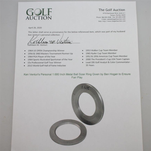 Ken Venturi's Personal 1.680 Inch Metal Ball Sizer Ring Given by Ben Hogan to Ensure Fair Play