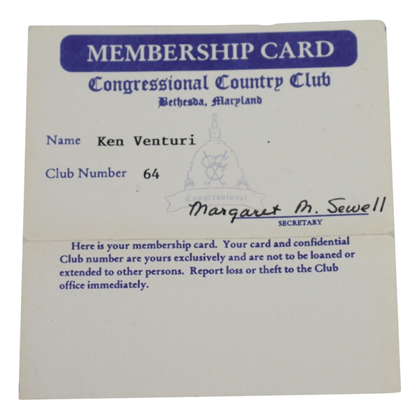 Ken Venturi's Personal Congressional Country Club Membership Card #64