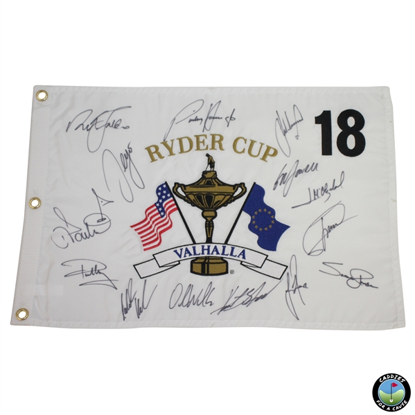 European Team Signed 2008 Ryder Cup at Valhalla White Embroidered Flag JSA ALOA