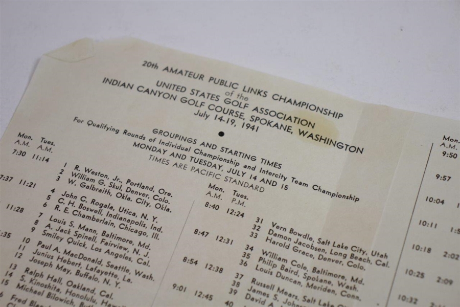 1941 US Public Links at Indian Canyon GC Program, Pairing Sheet, & Contestant Courtesy Tickets Booklet
