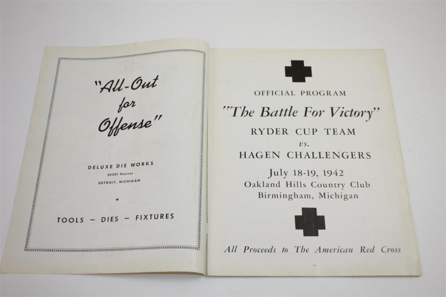 1942 Battle for Victory Ryder Cup Team vs Hagen Challenger Team at Oakland Hills Program - Rare