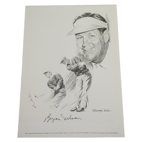 Byron Nelson Signed George Loch Reproduction Drawing from Life Insurance Ad JSA ALOA