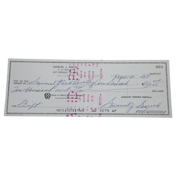 Samuel J. Snead Signed 4/15/1985 Personal Check for $10k Gift JSA ALOA