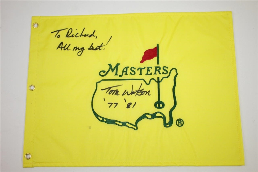 Tom Watson Signed Undated Masters Flag with '77 81' & Two Handwritten Notes JSA ALOA