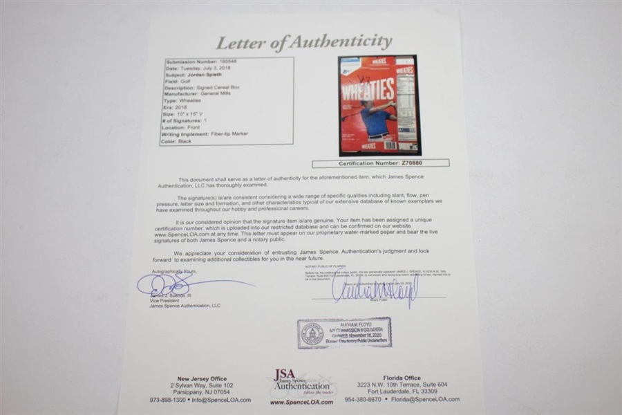 Jordan Spieth Signed Wheaties Box with Full Signature JSA FULL #Z70880