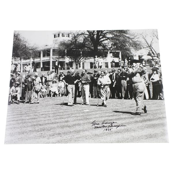 Gene Sarazen Signed Tee Off at Augusta with Jones 16x20 B&W Photo & 'Masters Champion 1935' JSA ALOA
