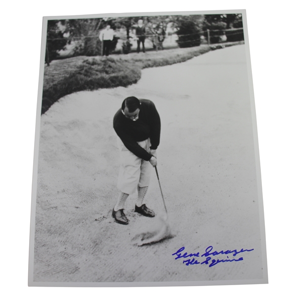 Gene Sarazen Signed B&W 11x14 Photo Hitting out of Sandtrap with 'The Squire' JSA ALOA
