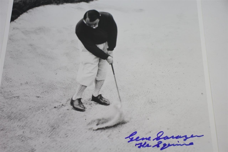Gene Sarazen Signed B&W 11x14 Photo Hitting out of Sandtrap with 'The Squire' JSA ALOA