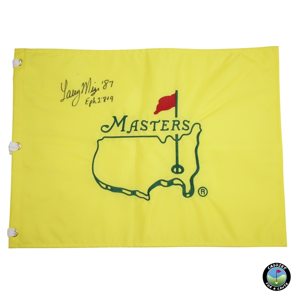 Larry Mize Signed Masters Undated Embroidered Flag with 'Eph. 2:8 & 9' JSA ALOA