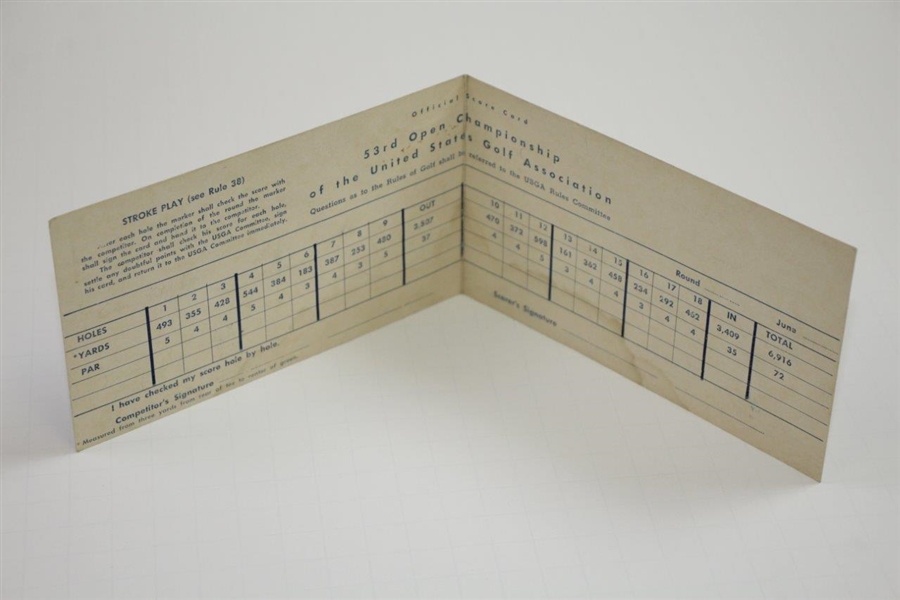 1953 US Open at Oakmont Country Club Official Scorecard - Ben Hogan Winner